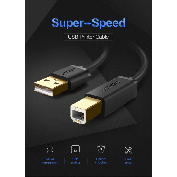 UGREEN US135 (20847) USB 2.0 AM to BM Print Cable 2M Gold-Plated (Black) 2M