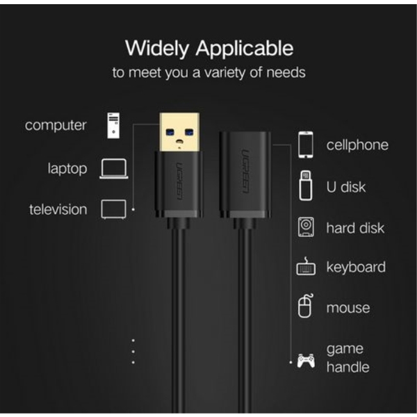 USB დამაგრძელებელი Ugreen US129 (10368) USB 3.0 A male to female flat cable Black 1M Extension Cable