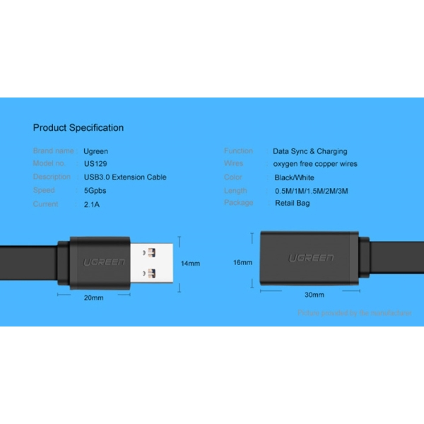 USB დამაგრძელებელი Ugreen US129 (10368) USB 3.0 A male to female flat cable Black 1M Extension Cable