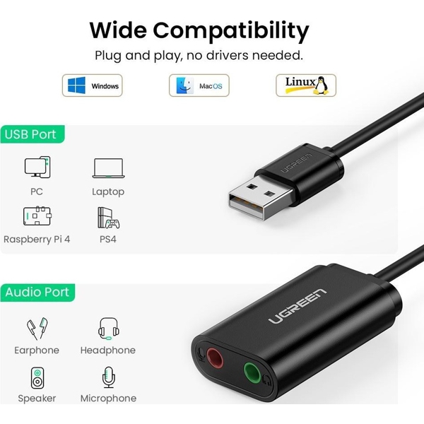 USB ხმის ბარათი UGREEN US205 (30724) USB Sound Card External 3.5mm USB USB Adapter