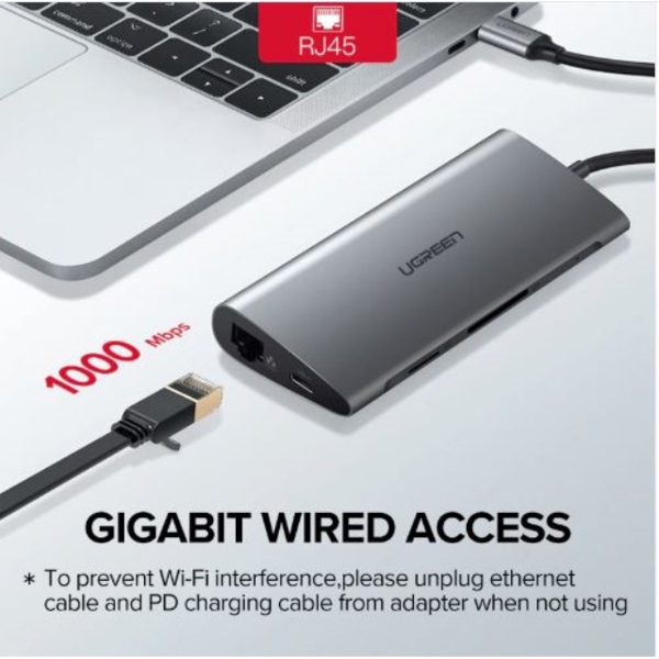 უნივერსალური ადაპტერი UGREEN CM121 (50516) USB C Hub Type-C Adapter 3.1 HDMI Micro SD Card Reader USB-C to 3*USB3.0 HDMI RJ45 SD TF converter