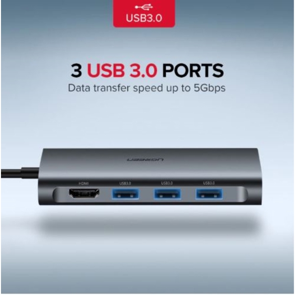 უნივერსალური ადაპტერი UGREEN CM121 (50516) USB C Hub Type-C Adapter 3.1 HDMI Micro SD Card Reader USB-C to 3*USB3.0 HDMI RJ45 SD TF converter