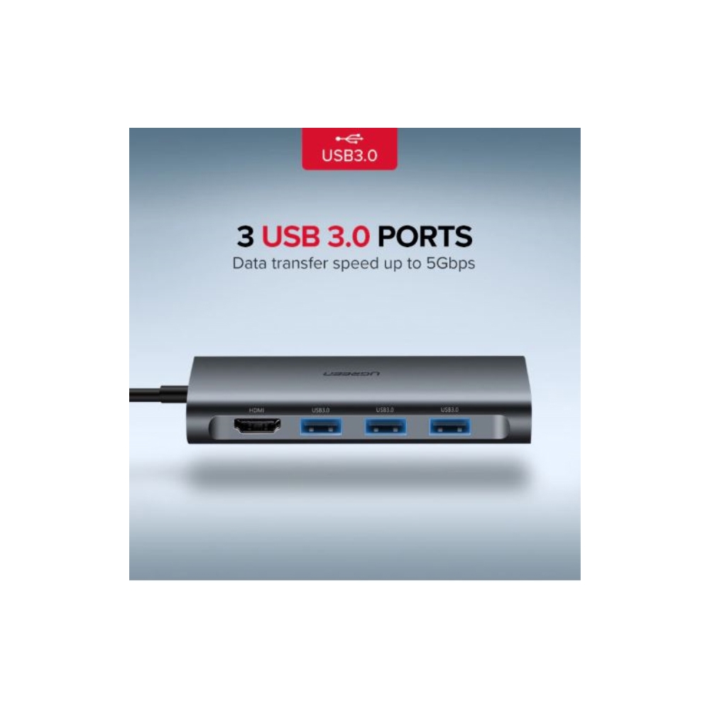 უნივერსალური ადაპტერი UGREEN CM121 (50516) USB C Hub Type-C Adapter 3.1 HDMI Micro SD Card Reader USB-C to 3*USB3.0 HDMI RJ45 SD TF converter