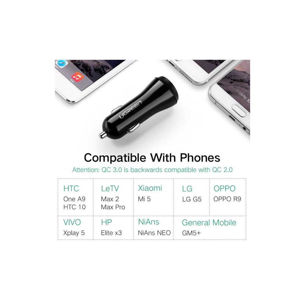 მანქანის USB დამტენი UGREEN CD114 (40309) Fast Car Charger Adapter, 30W 5.4A Dual USB Quick Charge