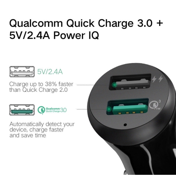 მანქანის USB დამტენი UGREEN CD114 (40309) Fast Car Charger Adapter, 30W 5.4A Dual USB Quick Charge