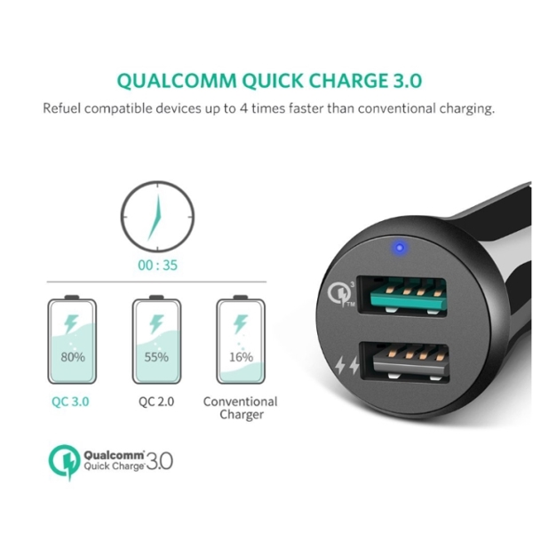 მანქანის USB დამტენი UGREEN CD114 (40309) Fast Car Charger Adapter, 30W 5.4A Dual USB Quick Charge