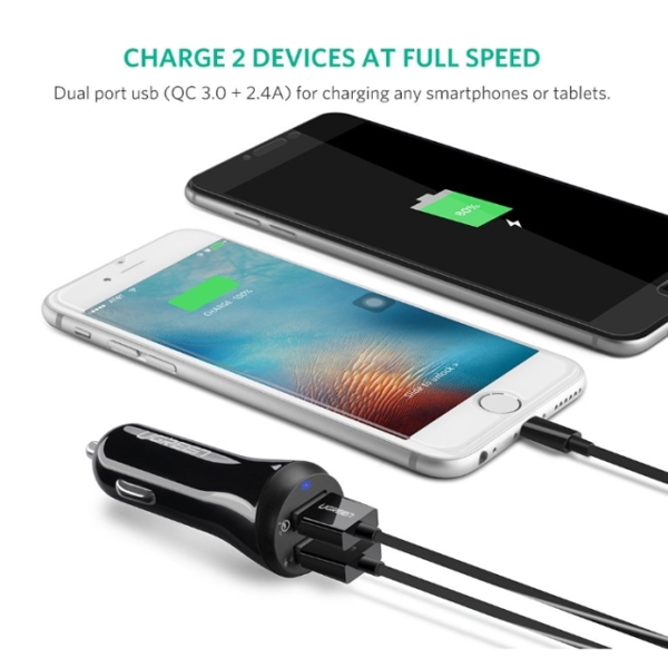 მანქანის USB დამტენი UGREEN CD114 (40309) Fast Car Charger Adapter, 30W 5.4A Dual USB Quick Charge