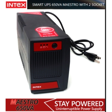 UPS უწყვეტი კვების წყარო - INTEX 650VA MAESTRO WITH 2 SOCKET IT-C650M-12V Load capacity 360W Voltage 220/ 230/ 240Vac Voltage Range 140 – 300 Vac Frequency Range  40 Hz (auto sensing) AC Voltage Regulation (Batt. Mode) 11+/-0.5 Frequency Range (Batt. Mode) 50 Hz ±1 Hz Transfer