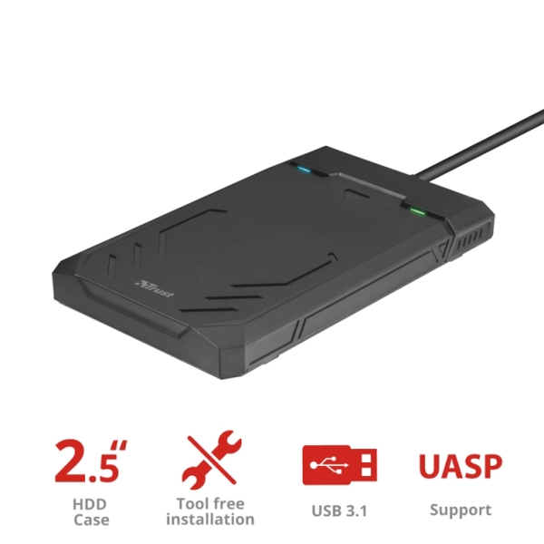 მყარი დისკის ქეისი TRUST EXTERNAL HDD CASE 2.5"/ USB 3.1 gen-1: supports data transfers up to 5Gbps / UASP support / Power source USB- Grey