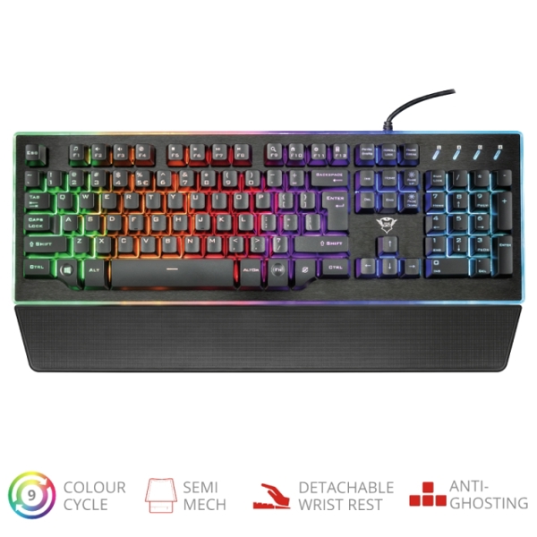 კლავიატურა TRUST - GXT 860 THURA/ Cable length main cable 170 cm/ 9 rainbow wave color modes with adjustable brightness / Real metal crafted top plate SEMI-MECHANICAL KEYBOARD