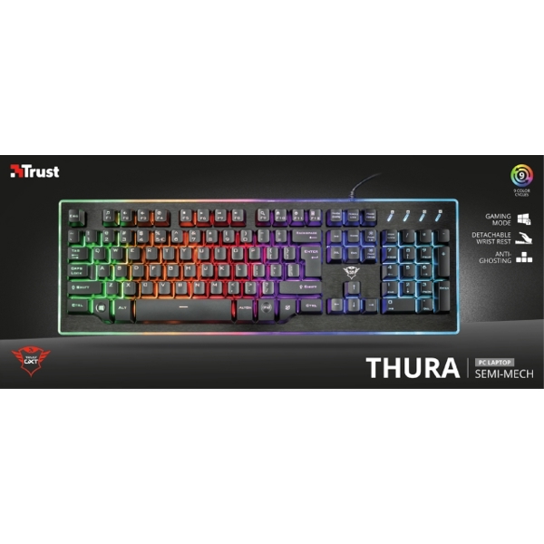 კლავიატურა TRUST - GXT 860 THURA/ Cable length main cable 170 cm/ 9 rainbow wave color modes with adjustable brightness / Real metal crafted top plate SEMI-MECHANICAL KEYBOARD