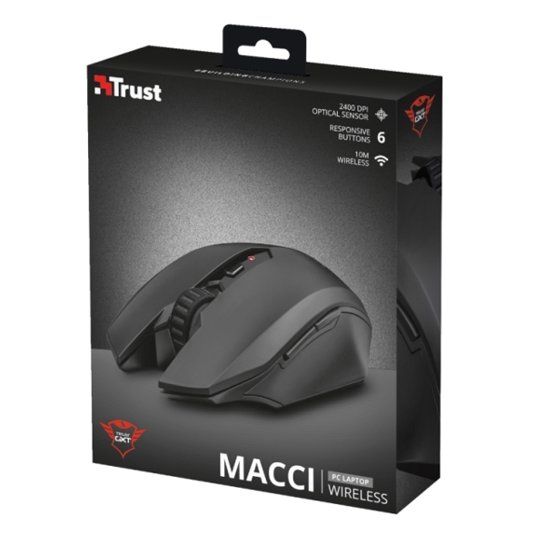 მაუსი TRUST GXT 115 MACCI WIRELESS GAMING MOUSE / 2400 DPI optical sensor /10M wireless range /6 responsive buttons - Black