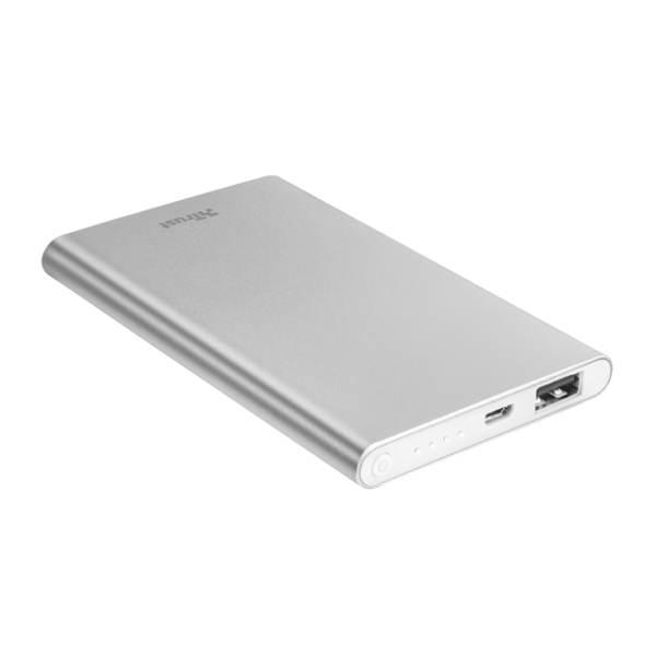 პორტატული დამტენი TRUST ULA THIN METAL POWERBANK 4000 / Pocket-size and ultra-thin: only 10 mm / Output: 1 USB port with 5W/1A / with level indicator / aluminium alloy body