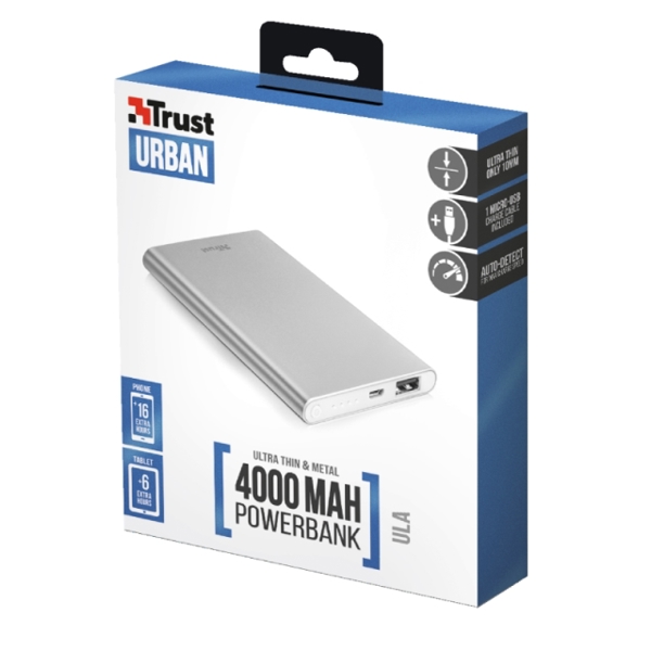პორტატული დამტენი TRUST ULA THIN METAL POWERBANK 4000 / Pocket-size and ultra-thin: only 10 mm / Output: 1 USB port with 5W/1A / with level indicator / aluminium alloy body