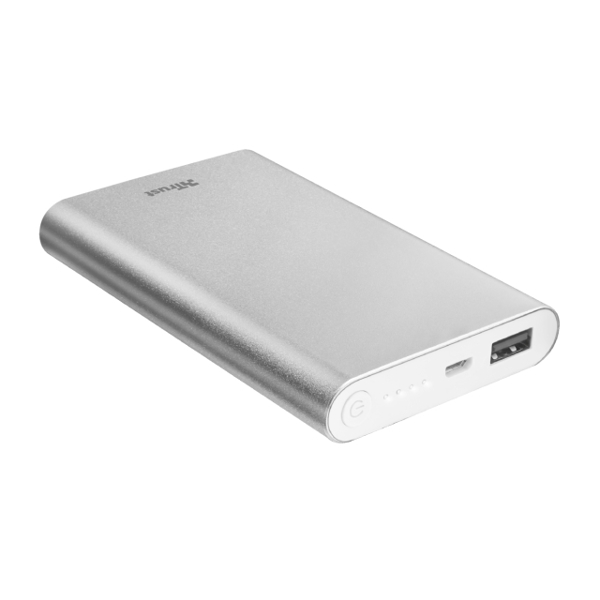 პორტატული დამტენი TRUST ULA THIN METAL POWERBANK 8000 / Pocket-size and ultra-thin: only 15 mm/ Output: 1 USB port with 12W/2.4A/with level indicator / aluminium alloy body