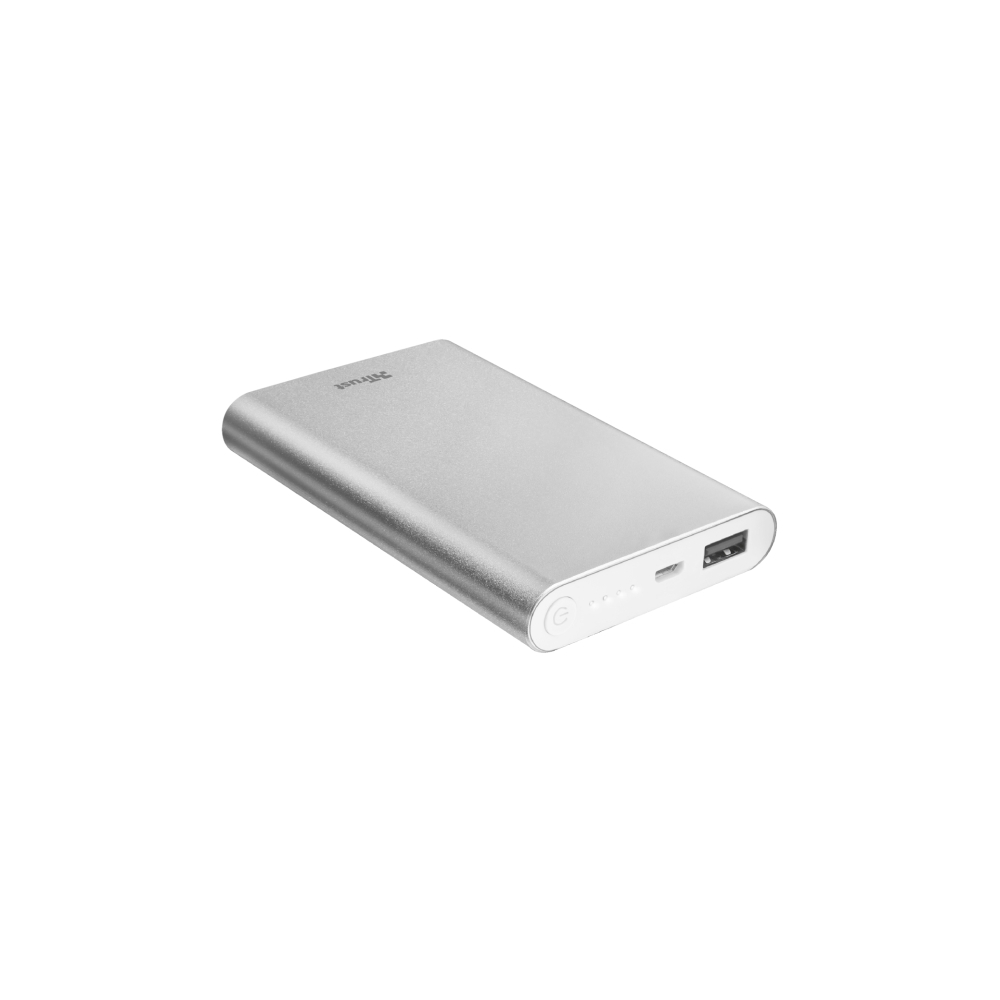 პორტატული დამტენი TRUST ULA THIN METAL POWERBANK 8000 / Pocket-size and ultra-thin: only 15 mm/ Output: 1 USB port with 12W/2.4A/with level indicator / aluminium alloy body