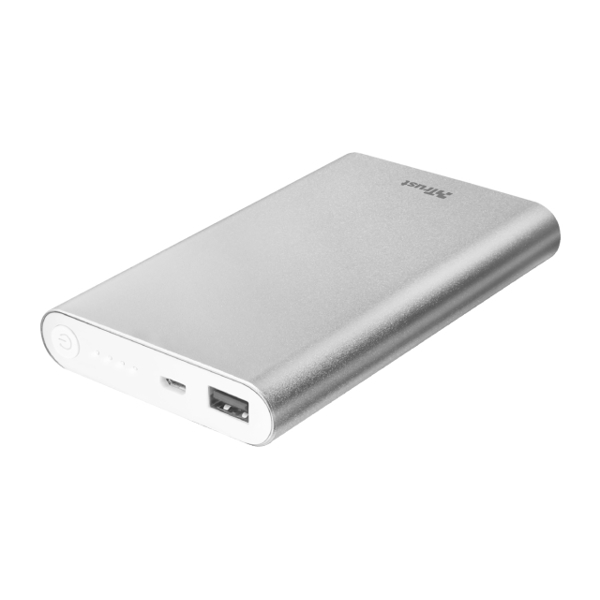 პორტატული დამტენი TRUST ULA THIN METAL POWERBANK 8000 / Pocket-size and ultra-thin: only 15 mm/ Output: 1 USB port with 12W/2.4A/with level indicator / aluminium alloy body