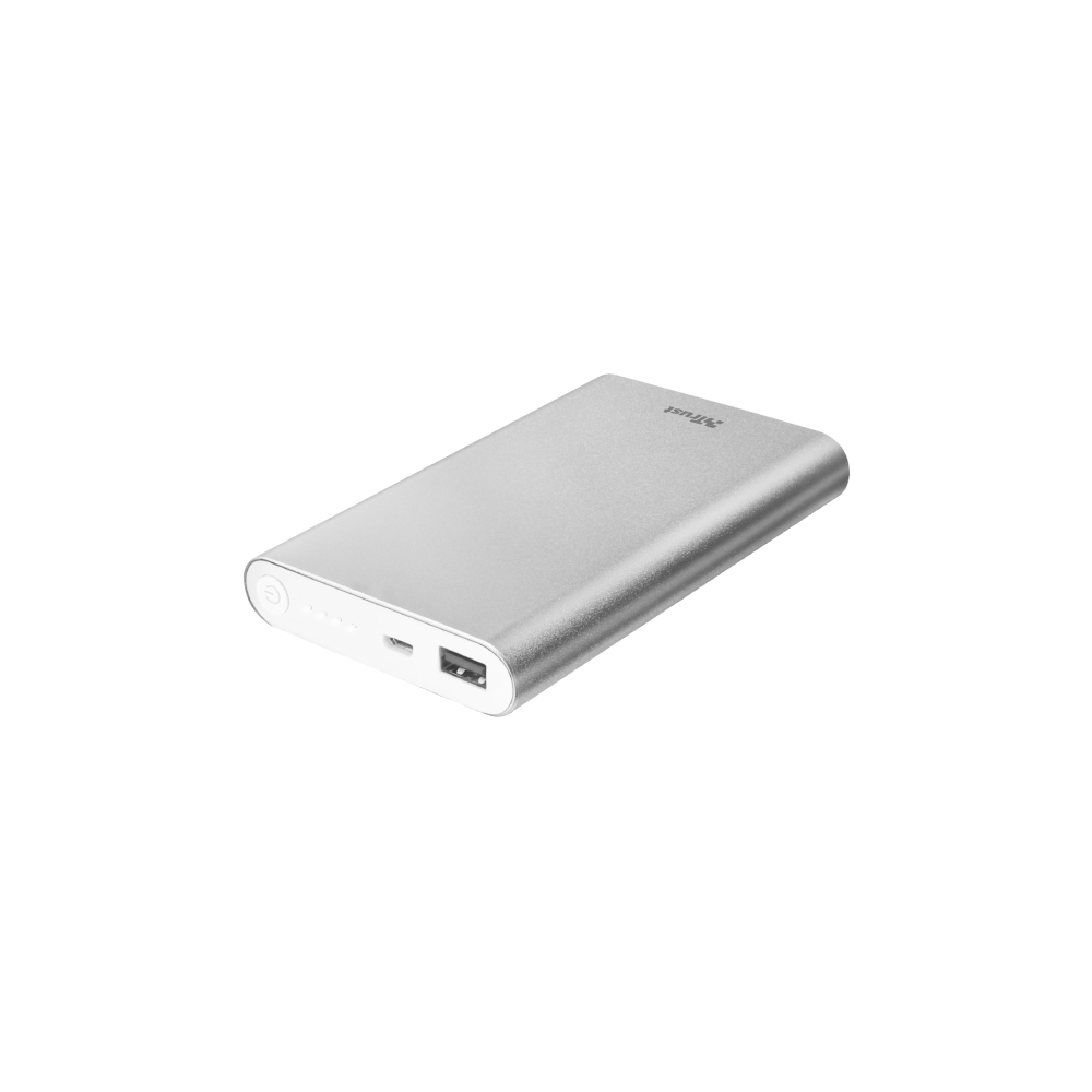 პორტატული დამტენი TRUST ULA THIN METAL POWERBANK 8000 / Pocket-size and ultra-thin: only 15 mm/ Output: 1 USB port with 12W/2.4A/with level indicator / aluminium alloy body
