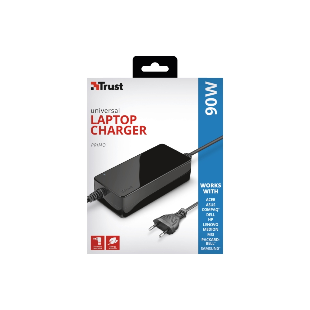 ნოუთბუქის დამტენი TRUST PRIMO 90W-19V LAPTOP CHARGER / 180 cm / Black