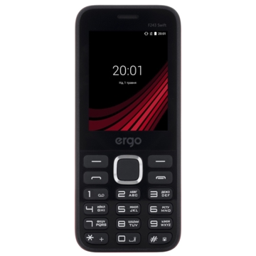 ERGO F243 Pulse(black)  Dual-SIM Display: 2,4" TFT, 240x320 pix Camera:0,08 MP 1800 mAh, Li-ion Bluetooth, Radio, MP3-Player Supports microSDHC 122,4 x 53 x 13,4 mm 91 gr