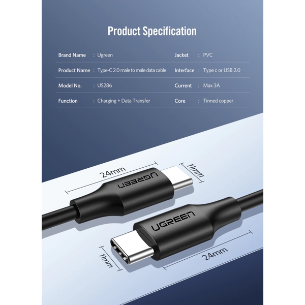 USB კაბელი Ugreen US286 (50997) USB-C Male to USB-C 2.0 1M Black