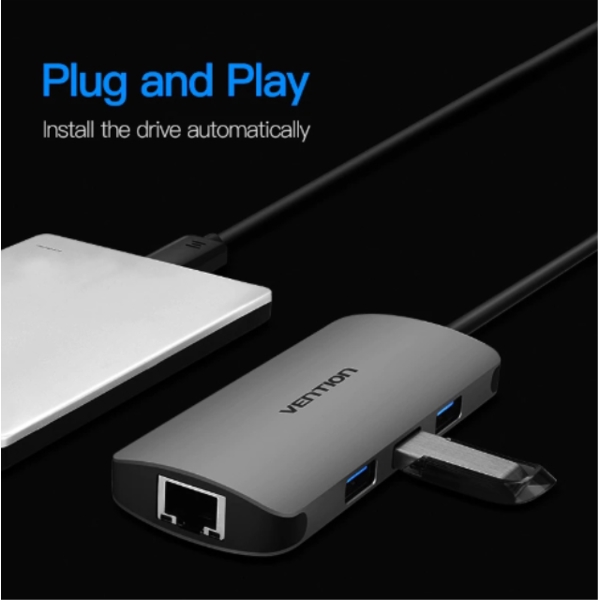 გადამყვანი VENTION CHFHA Type-C to 3 Ports USB3.0 HUB with Gigabit Ethernet Adapter 0.1M Gray Metal Type