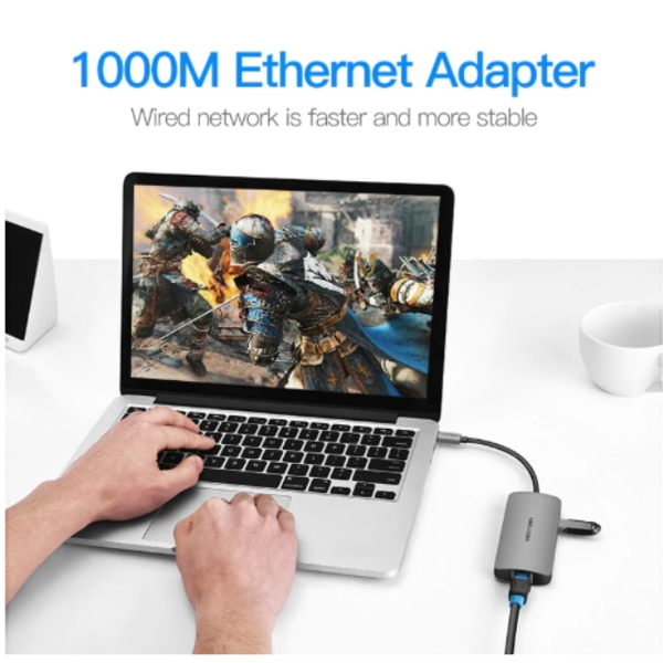 გადამყვანი VENTION CHFHA Type-C to 3 Ports USB3.0 HUB with Gigabit Ethernet Adapter 0.1M Gray Metal Type