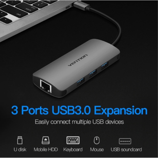 გადამყვანი VENTION CHFHA Type-C to 3 Ports USB3.0 HUB with Gigabit Ethernet Adapter 0.1M Gray Metal Type