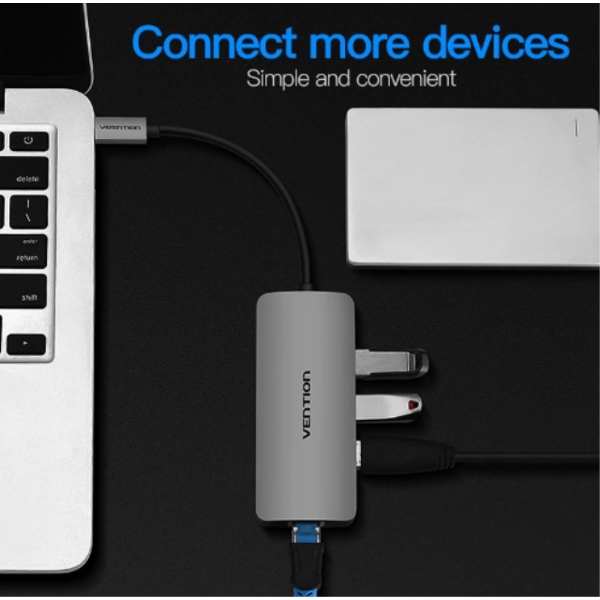 გადამყვანი VENTION CHFHA Type-C to 3 Ports USB3.0 HUB with Gigabit Ethernet Adapter 0.1M Gray Metal Type