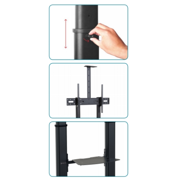 სმარტ ეკრანის მოძრავი საკიდი HELGI monitor Size 60" - 100". Vesa 400x400, 600x400, 800x400, 800x600, 1000x600 Manual adjustable height 100kg monitor brackets (220lbs) Model with double column, laptop shelf and video camera support included