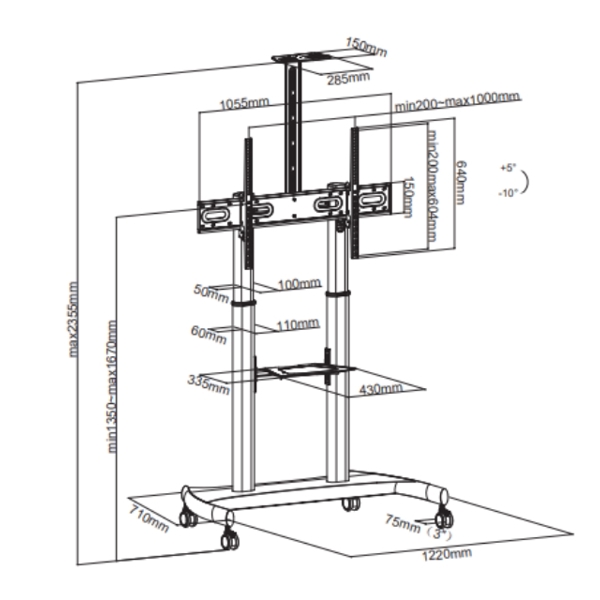 სმარტ ეკრანის მოძრავი საკიდი HELGI monitor Size 60" - 100". Vesa 400x400, 600x400, 800x400, 800x600, 1000x600 Manual adjustable height 100kg monitor brackets (220lbs) Model with double column, laptop shelf and video camera support included