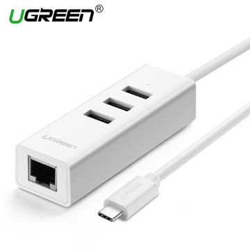 USB ჰაბი და ქსელის ადაპტერი UGREEN 20792 USB 2.0 Type-C to LAN Combo (White) 4 Port HUB with Ethernet 