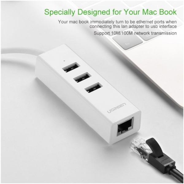 USB ჰაბი და ქსელის ადაპტერი UGREEN 20792 USB 2.0 Type-C to LAN Combo (White) 4 Port HUB with Ethernet 