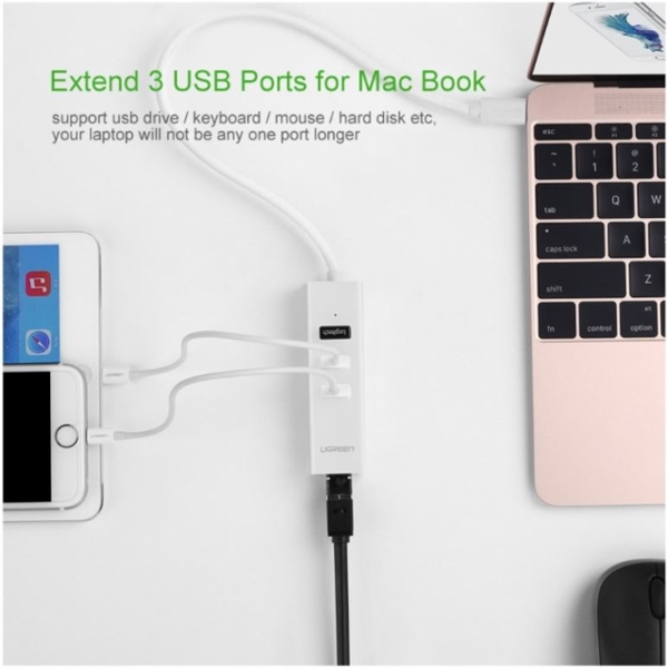 USB ჰაბი და ქსელის ადაპტერი UGREEN 20792 USB 2.0 Type-C to LAN Combo (White) 4 Port HUB with Ethernet 