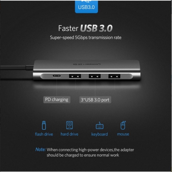 USB-C ჰაბი UGREEN CM136 (50209) USB, Type-C, HDMI, Pd Power Converter