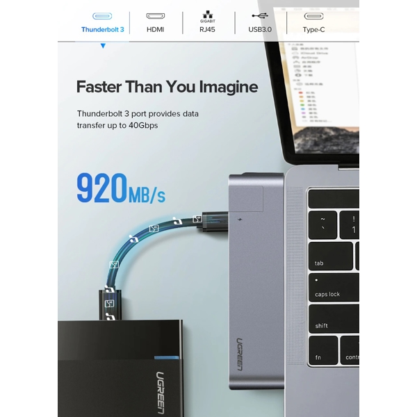 ადაპტერი UGREEN CM218 (50984) Apple MacBookPro dock USB Type C to USB 3.0, HDMI, RJ45, USB Type-C 