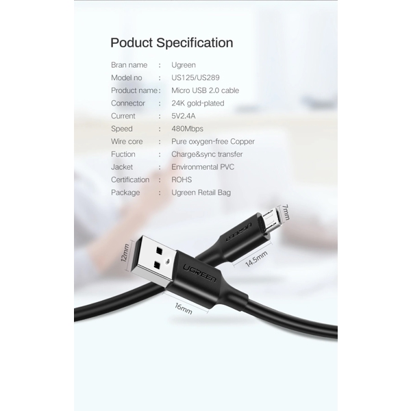 UGREEN US289 (60136) USB 2.0 to Micro USB, 1m, Black