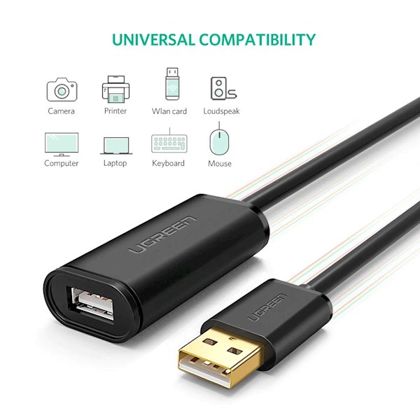 USB დამაგრძელებელი UGREEN US121 (10323) USB 2.0 Active Extension Cable, 15m, Black