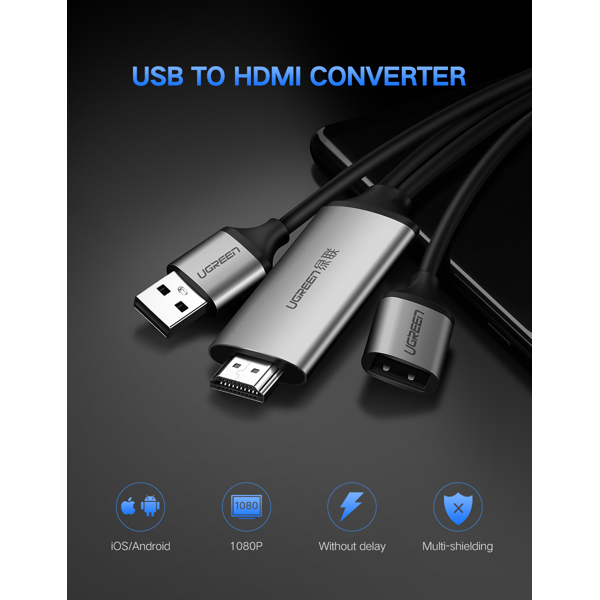 ადაპტერი UGREEN CM151 (50291) USB to HDMI Digital AV Adapter 1.5m Gray