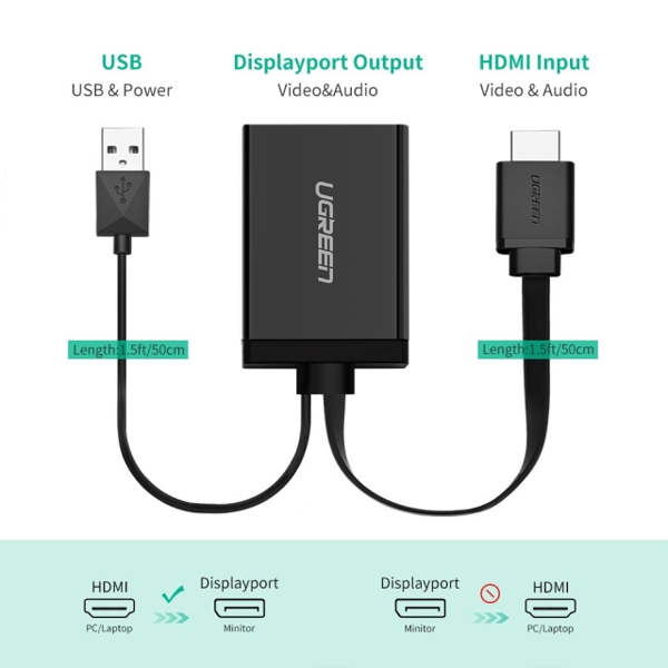 HDMI გადამყვანი UGREEN MM107 (40238) HDMI to DP Converter 0.5m (Black) + USB for power