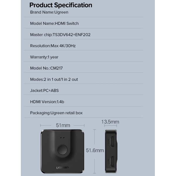 UGREEN CM217 (50966) 2 In 1 Out HDMI 1.4 Switcher 4Kx2K@30Hz