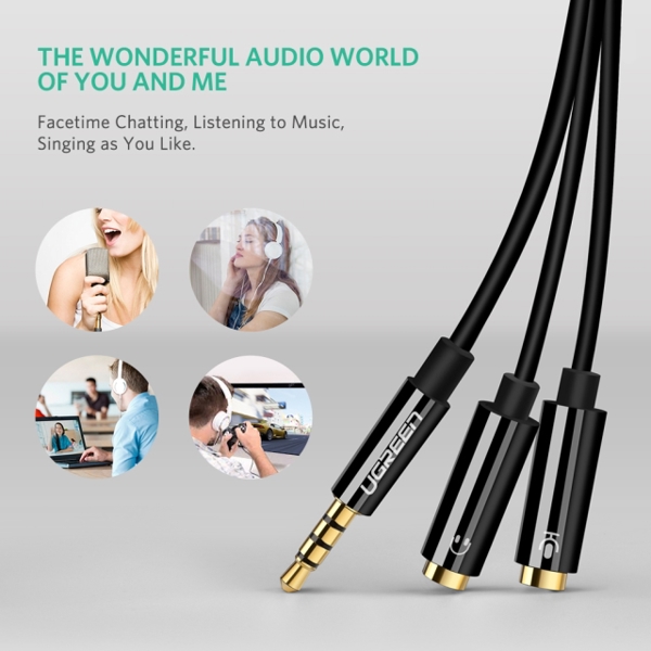 აუდიო კაბელი Ugreen AV141 (30620) Audio Cable 3.5mm Jack Microphone Splitter cable 1 Male to 2 Female black 20cm