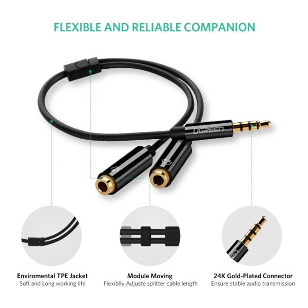 Ugreen AV141 (30620) Audio Cable 3.5mm Jack Microphone Splitter cable 1 Male to 2 Female black 20cm