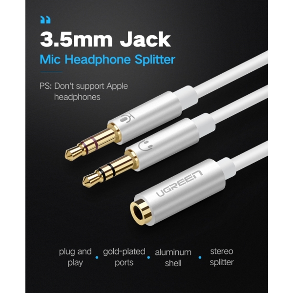 AUX კაბელი UGREEN AV140 (20897) 3.5mm Female to 2 Male Headphone Mic Audio Y Splitter Cable - White 