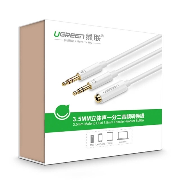 AUX კაბელი UGREEN AV140 (20897) 3.5mm Female to 2 Male Headphone Mic Audio Y Splitter Cable - White 