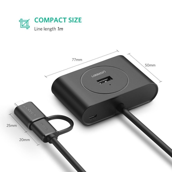 USB ჰაბი UGREEN 40850 4 Ports USB Hub 3.0 With Type-C USB 3.1 OTG Adapter Converter