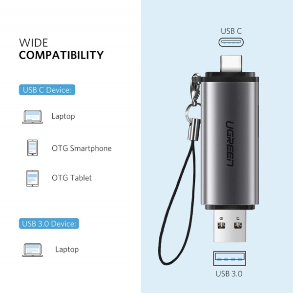 ბარათების წამკითხველი Ugreen 50706 Card Reader USB 3.0 SD/Micro SD TF OTG Card Adapter for Laptop USB 3.0 Type-C