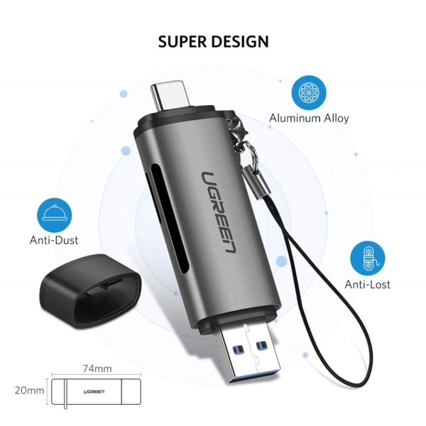 ბარათების წამკითხველი Ugreen 50706 Card Reader USB 3.0 SD/Micro SD TF OTG Card Adapter for Laptop USB 3.0 Type-C