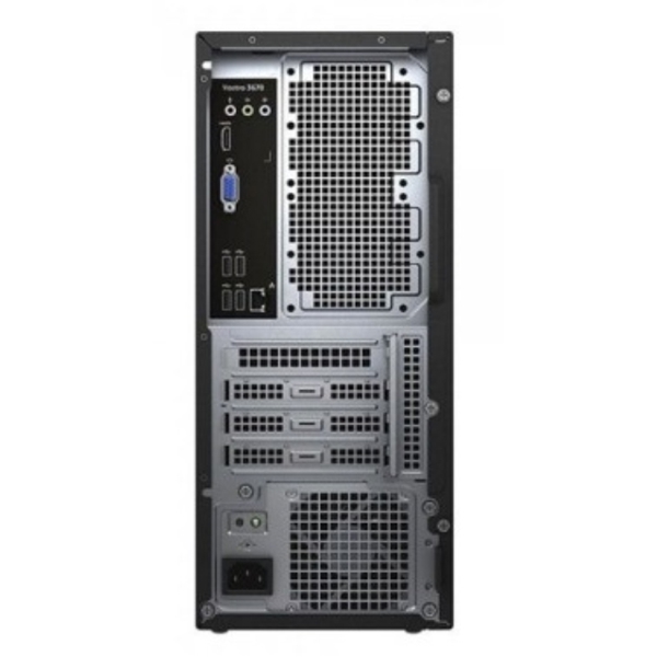 ბრენდ კომპიუტერი Dell Vostro 3670 MT /Core i3-8100 (3.6 GHz, 4C/4T, 6MB) /1x 4GB 2400MHz ( 2 UDIMM Slots )/1TB HDD 7.2K rpm 3.5" /Intel UHD 630/DVD-RW 9.5m/WLAN + BT/Kb/Mouse/ 2x USB 3.1; 4x USB 2.0; 1 RJ-45 GB Lan; HDMI; VGA; WxHxD: 160mm x 373mm x 289mm; Weight 5.27