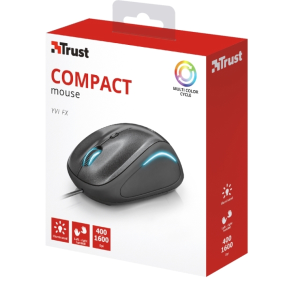 მაუსი TRUST - YVI FX COMPACT Speed select button (400/800/1200/1600 DPI) LED illumination in continuously changing colours MOUSE- Grey/Black